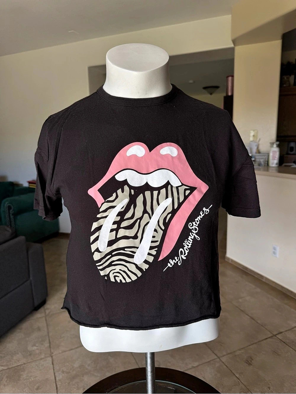 The Rolling Stones Zebra Tongue Cropped Graphic Tee Black & Pink Small